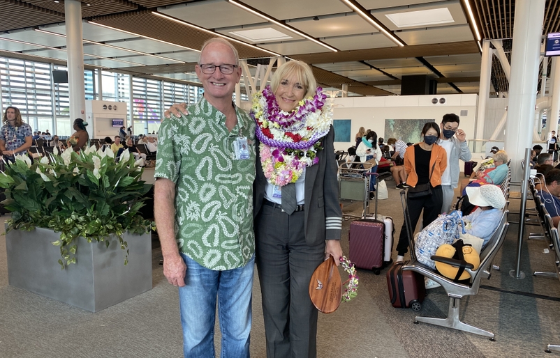 System Chief Pilot Peter Clark and Capt. Kendall "Kiki" Culler at the Daniel K. Inouye International Airport upon the arrival of Culler's last flight from Boston to Honolulu. image-20220717-005417-0b31a686