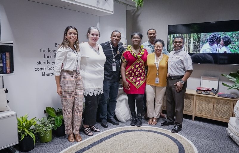 Officers of the NBEA ERG pictured with Amaka (center) during the unveiling of a Juneteenth reflection space in 2022. DSC03347_mid