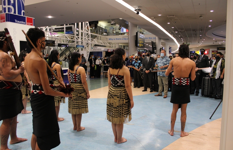 Hawaiian Airlines employees and guests on HA445 were welcomed back to Auckland by Māori practitioners, who performed a traditional pōwheri (welcoming ceremony) and cultural exchange of hospitality outside the arrival gate. IMG_4893