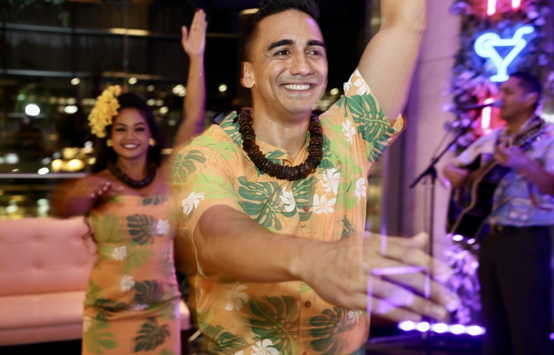 Live music and hula from the Hawaiian Airlines Serenaders kicked off the carrier's celebrations in Sydney. SYD 20th 4