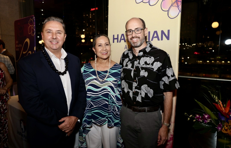 From left: Andrew Stanbury, managing director of international and North America sales, Debbie Nakanelua-Richards, director of community and cultural relations, and Avi Mannis, executive vice president and chief marketing officer, pictured at Hawaiian's anniversary event in Sydney. SYD 20th 5