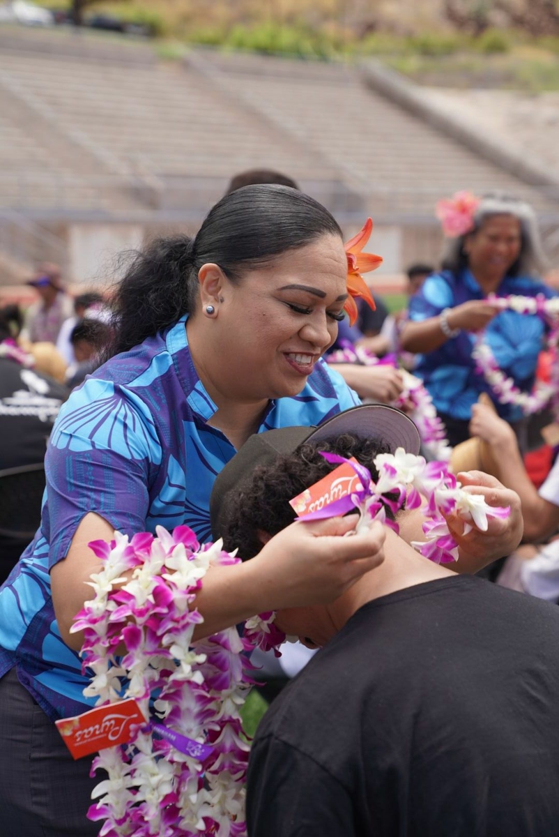 Hawaiian Airlines employees personally congratulated each student in Lahainaluna High's Class of 2024 with orchid lei, words of encouragement and 35,000 HawaiianMiles. HAL02123