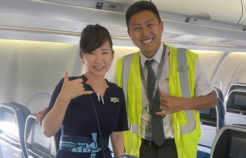 Nissle primarily flies Hawaiian's Japan flights, welcoming Japanese guests with authentic hospitality in their language. Yuka 2