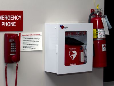 Wall mounted AED with emergency phonecopyright American Heart Association