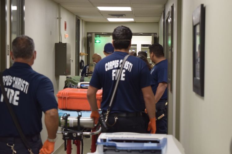 Paramedics during hazardous materials drill