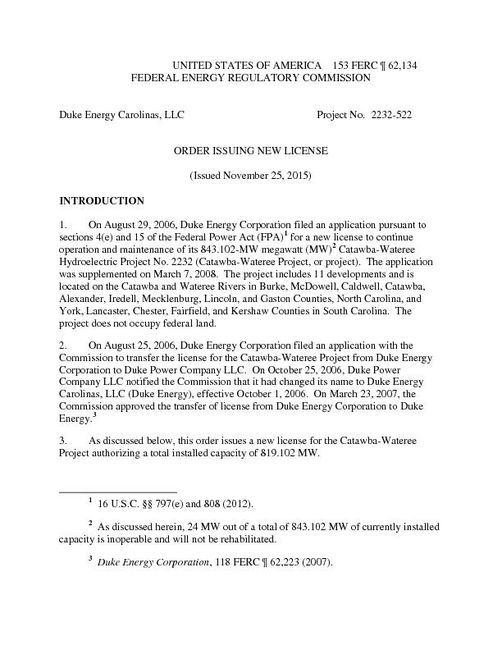 FERC Order New CW License 11 25 2015