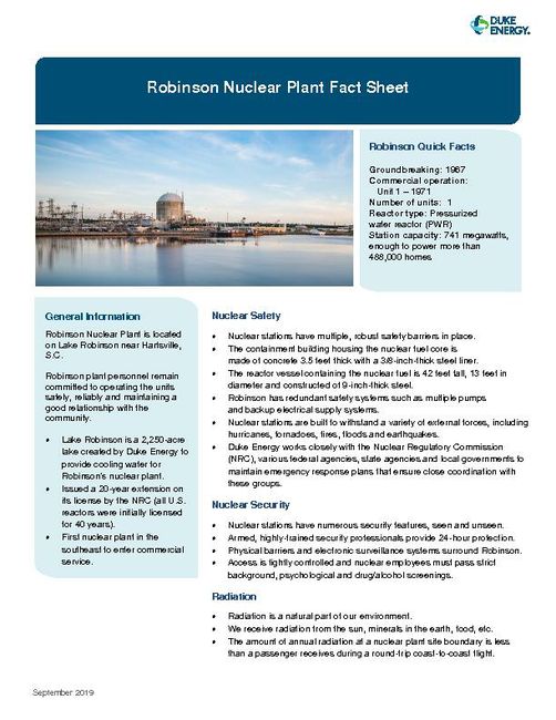 Robinson Nuclear Plant Fact Sheet - 2019