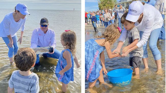 Florida First Lady Casey DeSantis and junior rangers Madison and Mason DeSantis join FWC and DEP for red tide recovery redfish release