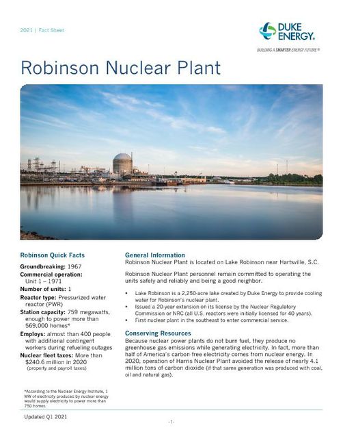 Robinson Nuclear Plant Fact Sheet - 2021