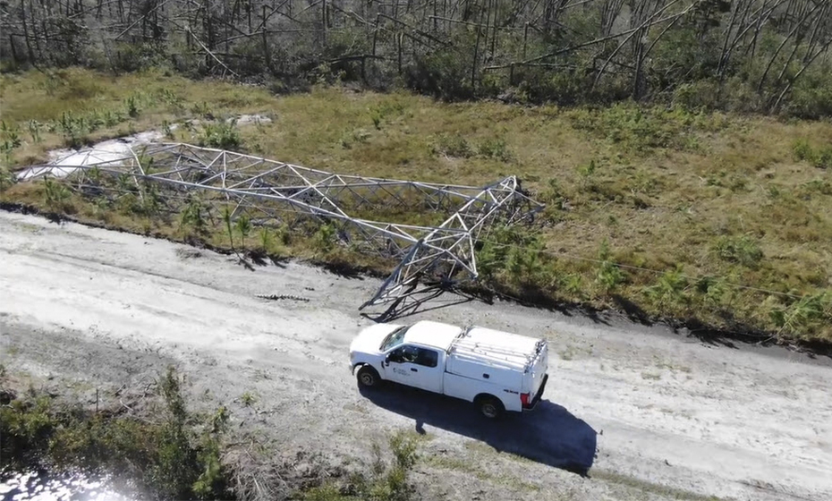 Hurricane Michael leveled more than 100 of these lattice-style transmission towers in a 34-mile right-of-way. The towers are being replaced with stronger steel poles set by helicopter. 2019-0124-Transmission-Fl-930-1
