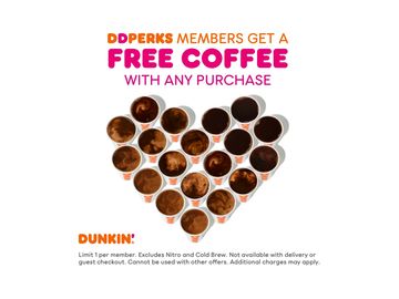 Enjoy the Perks of National Coffee Day at Dunkin’: DD Perks® Members Get a Free Medium Hot or Iced Coffee with Any Purchase Enjoy the Perks of National Coffee Day at Dunkin’: DD Perks® Members Get a Free Medium Hot or Iced Coffee with Any Purchase