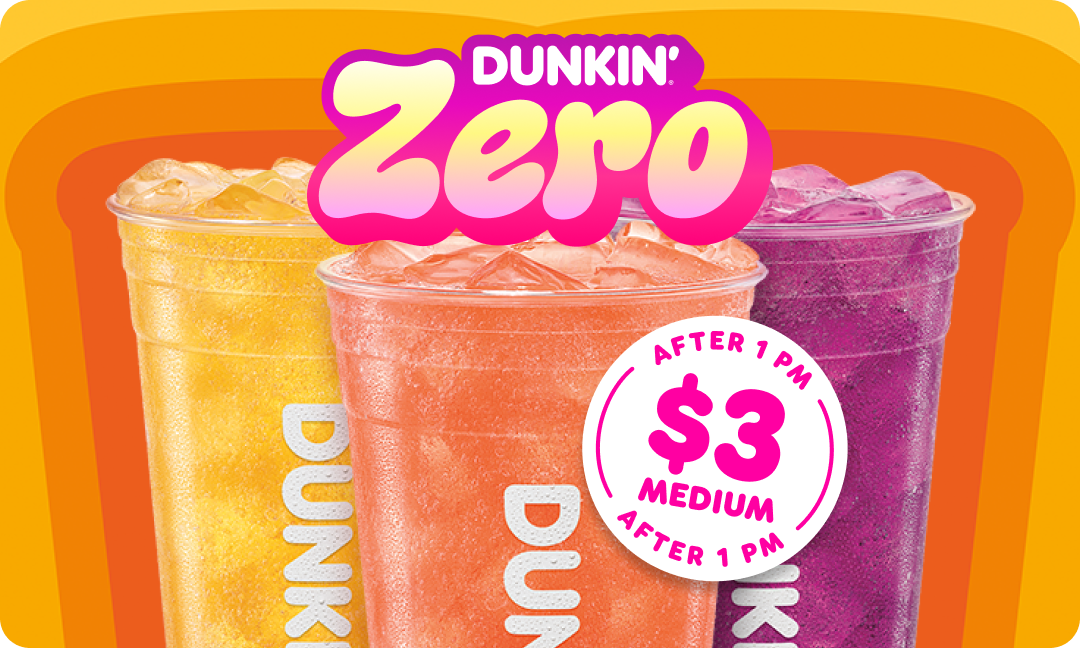 3 Medium Dunkin' Zero Energy Rewards Offer from 3.4-3.16