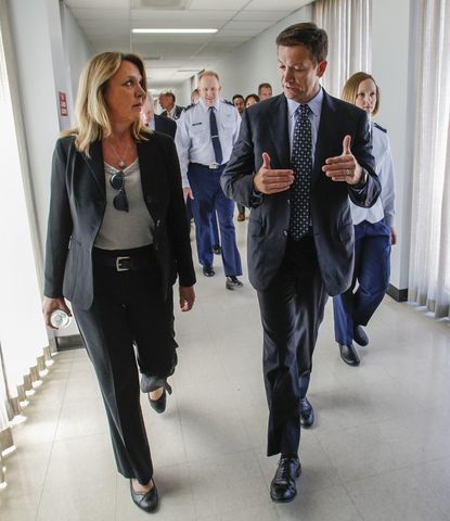 Photo Release -- Secretary of the Air Force Deborah Lee James and Lieutenant General Samuel Greaves Visit Northrop Grumman Facility