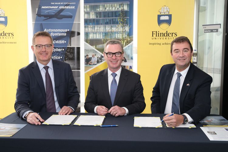 Professor Colin Stirling (Vice Chancellor, Flinders University), Minister for Defence Industry Christopher Pyne and Northrop Grumman Australia Chief Executive Ian Irving sign memorandum of understanding for research and education collaboration. Northrop Grumman, Flinders University Sign Memorandum of Understanding for Research and Education Collaboration