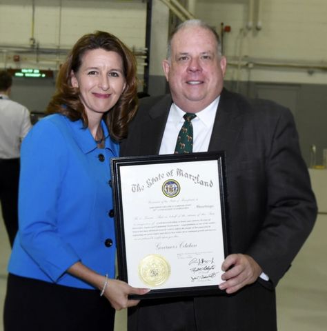 Kathy Warden, president of Northrop Grumman’s Mission Systems sector, receives a Governor’s Citation on Manufacturing Day 2017 from Maryland Governor Larry Hogan. Northrop Grumman Celebrates Manufacturing Day with Maryland Governor, Senators and STEM Students 3