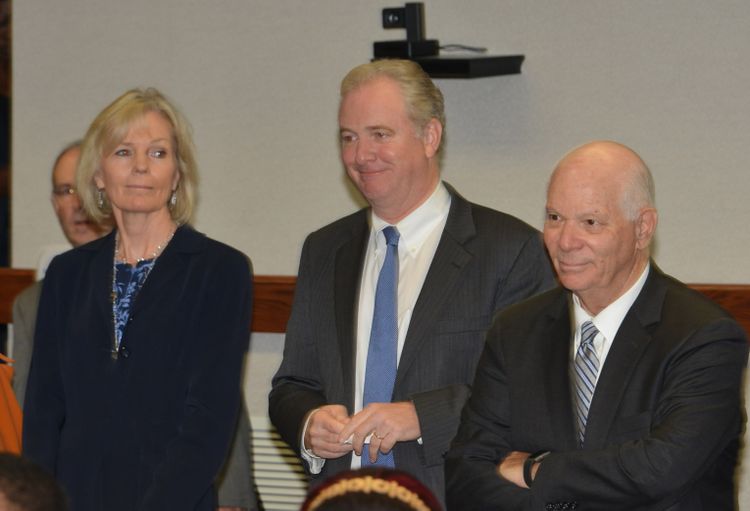 U.S. Senators Chris Van Hollen (center) and Ben Cardin (right) met with employees during a Manufacturing Day breakfast at Northrop Grumman, along with Ingrid Vaughan, vice president of Manufacturing (left). Northrop Grumman Celebrates Manufacturing Day with Maryland Governor, Senators and STEM Students 4