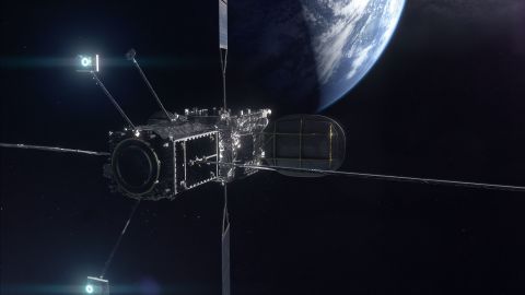 An artist rendering of the Mission Extension Vehicle docked to a client satellite. 
