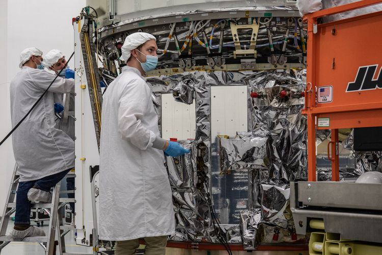 Northrop Grumman engineers work on the NG-17 Cygnus spacecraft, the S.S. Piers Sellers, at NASA's Wallops Flight Facility in Virginia. Photo: NASA