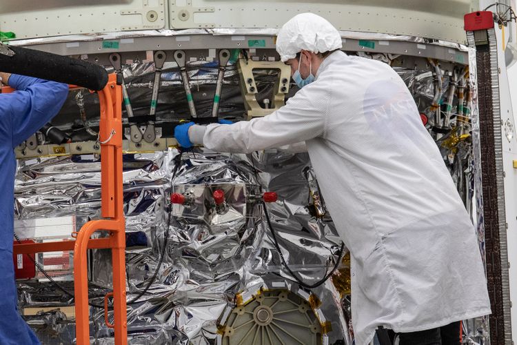 Northrop Grumman engineers work on the NG-17 Cygnus spacecraft, the S.S. Piers Sellers, at NASA's Wallops Flight Facility in Virginia. Photo: NASA