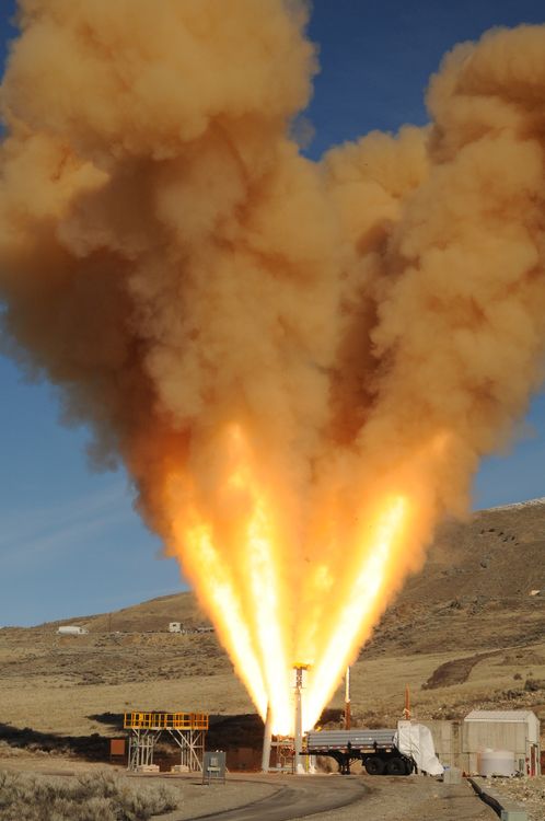 A static test firing of the NASA Orion spacecraft’s Launch Abort System abort motor at the Promontory, Utah, test facility.