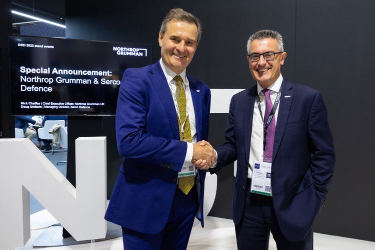 Doug Umbers (L) and Nick Chaffey announce a teaming agreement between Northrop Grumman and Serco at DSEI 2023 at the ExCel Centre in London. (Photo Credit: Northrop Grumman) Northrop Grumman and Serco Join Forces to Develop Next-Generation Collective Training Solutions for the British Army