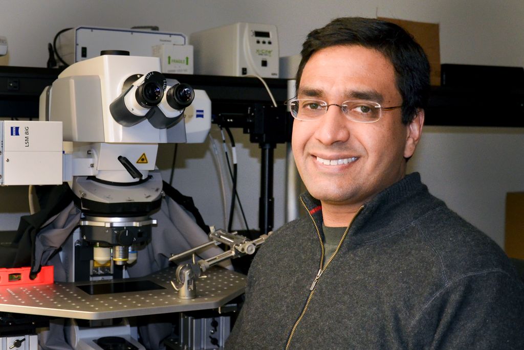 Vivek Unni, M.D., Ph.D., assistant professor of neurology in the OHSU School of Medicine, January 26, 2012. (OHSU/Caitlin Carlson) man with dark hair and glasses, near microscope, looking at camera and smiling