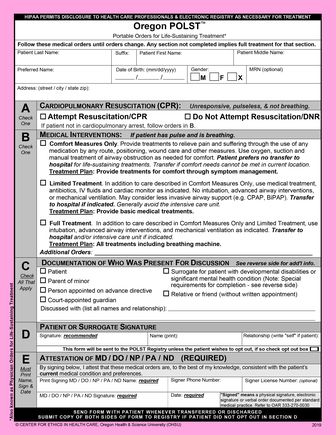 Revised Oregon POLST form, 2019. (OHSU) Updated POLST form