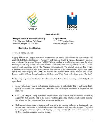 OHSU and Legacy - Letter of Intent