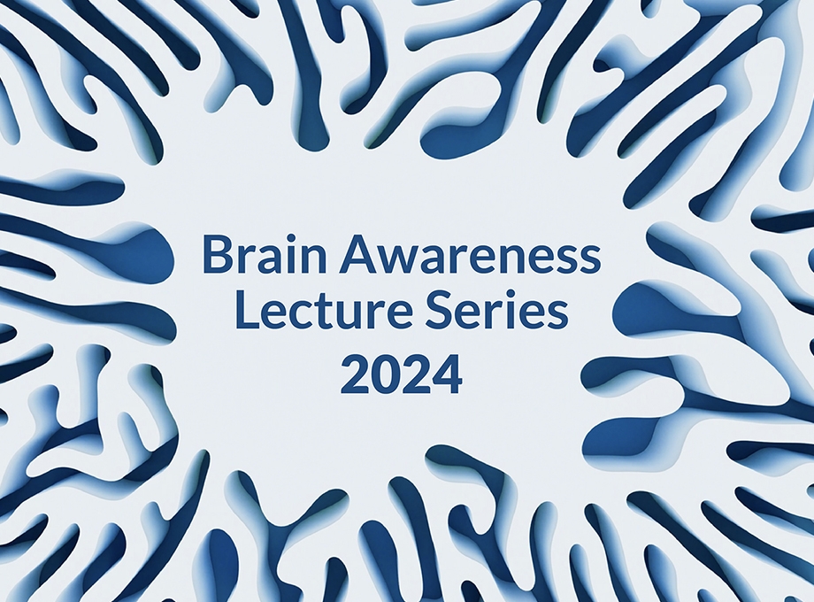 OHSU Brain Institute hosts annual Brain Awareness Season lecture series. Image is an abstract blue and white image with text overly that says "Brain Awareness Season lecture series 2024"