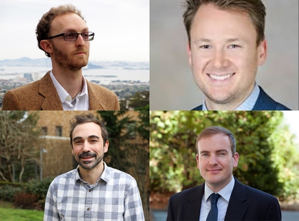 From top left: Matthew Rames, Ph.D., Matt Bryant, CRNA, Michael Cohen, Ph.D., and Peter Campbell, M.D., M.P.H. (OHSU) Rames has short curly hair, and wearing a beige coat. Bryant  has short blond hair and wearing a suit; Cohen has dark hair and facial hair, wearing a plaid shirt; Campbell has a blue suit and tie and blond hair.