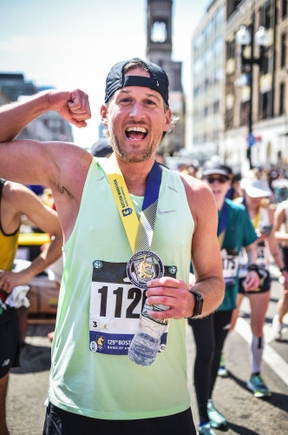 OHSU patient Matt Hazard finishes the Boston Marathon. Hazard trained for marathons as he battled colorectal cancer, culminating in both running the Boston Marathon and becoming an advocate for early cancer screenings. (Courtesy)