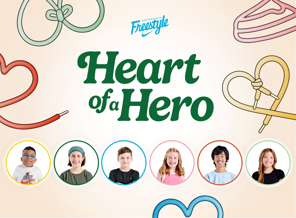 Hospital Infantil OHSU Doernbecher - Freestyle 2025: La imagen muestra a 6 niños con el texto "Corazón de un héroe" superpuesto en verde.