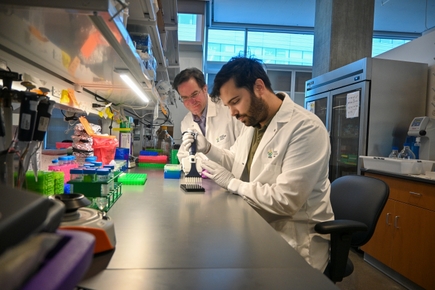Jared Fischer, Ph.D., a la izquierda, y Jose Luis Montoya Mira, Ph.D., investigadores de cáncer en OHSU