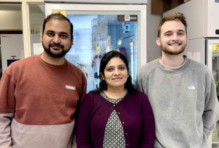 Nitesh Kumar Khandelwal, Ph.D., Megna Gupta, Ph.D., and Devin Seka, Ph.D. stand in the lab.