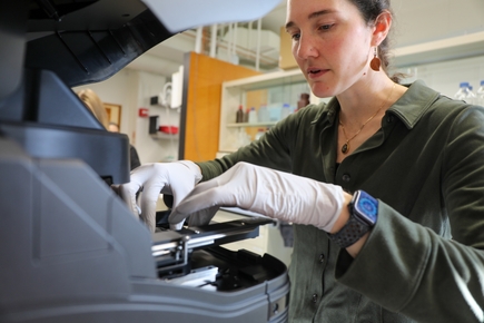 Moss places slides into a machine for larger screen viewing.