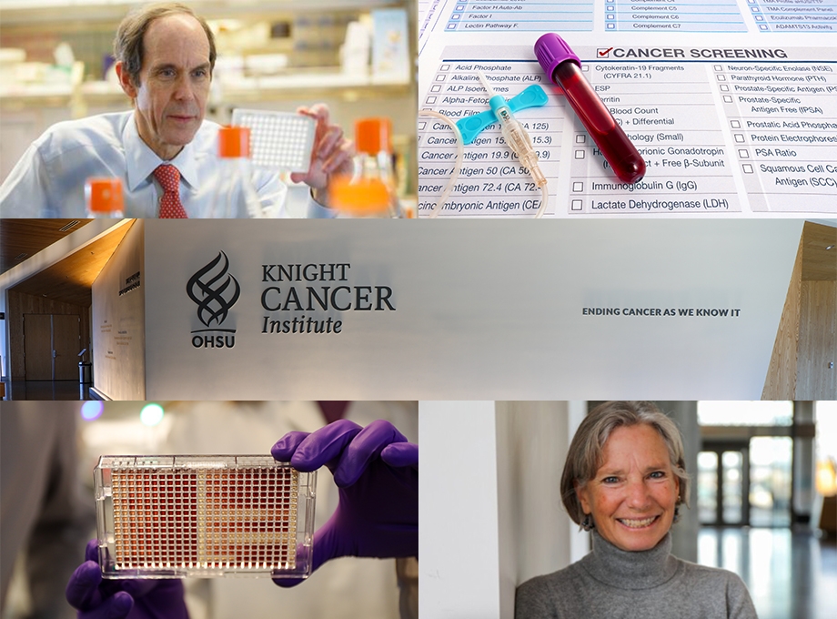 un collage en el sentido de las agujas del reloj desde arriba a la izquierda: Brian Druker en un laboratorio de investigación, un tubo de ensayo con sangre en un laboratorio, Jackie Shannon sonriendo en un pasillo, la pantalla de un microscopio iluminada en una habitación oscura y el letrero del edificio del Knight Cancer.