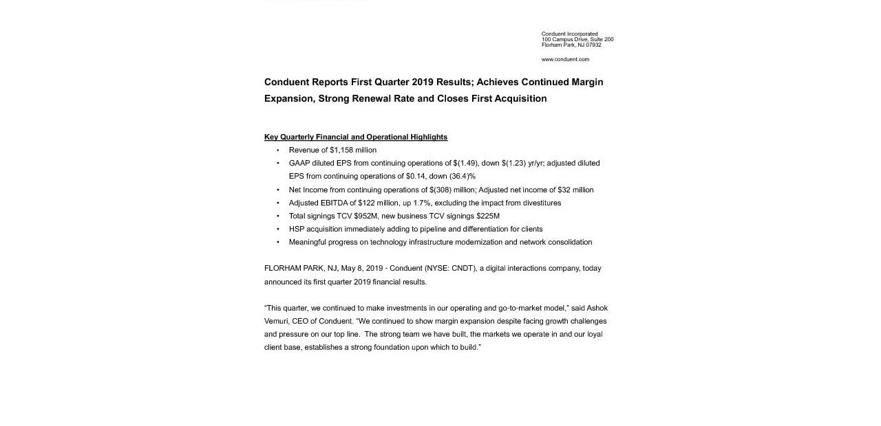 CNDT Q1-2019 Earnings Press Release