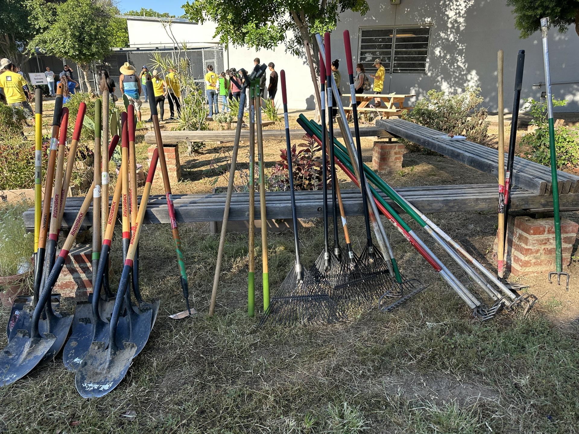 Tools await deployment by Edison and other volunteers at Griffith STEAM Magnet Middle School's community garden.