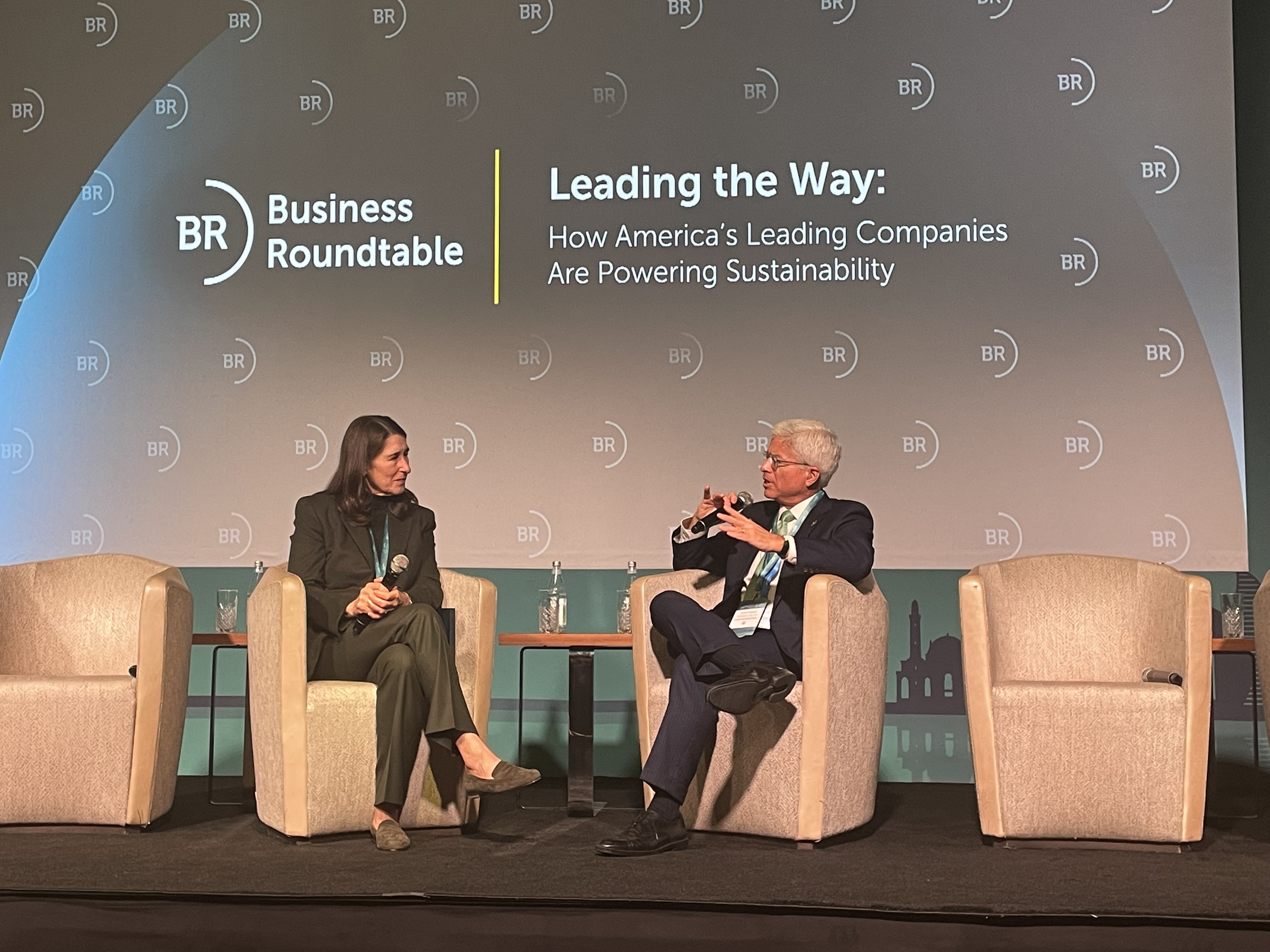 (l–r) Wendy Woods, Managing Director & Senior Partner, Boston Consulting Group and Pedro Pizarro discuss how American companies are powering the future of sustainability.