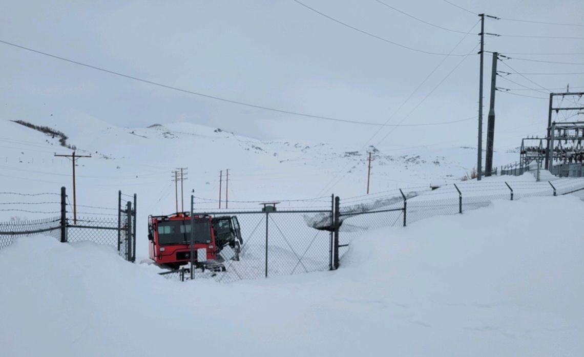 An SCE snowcat at Mono County's Lundy substation during a snowstorm in 2023.