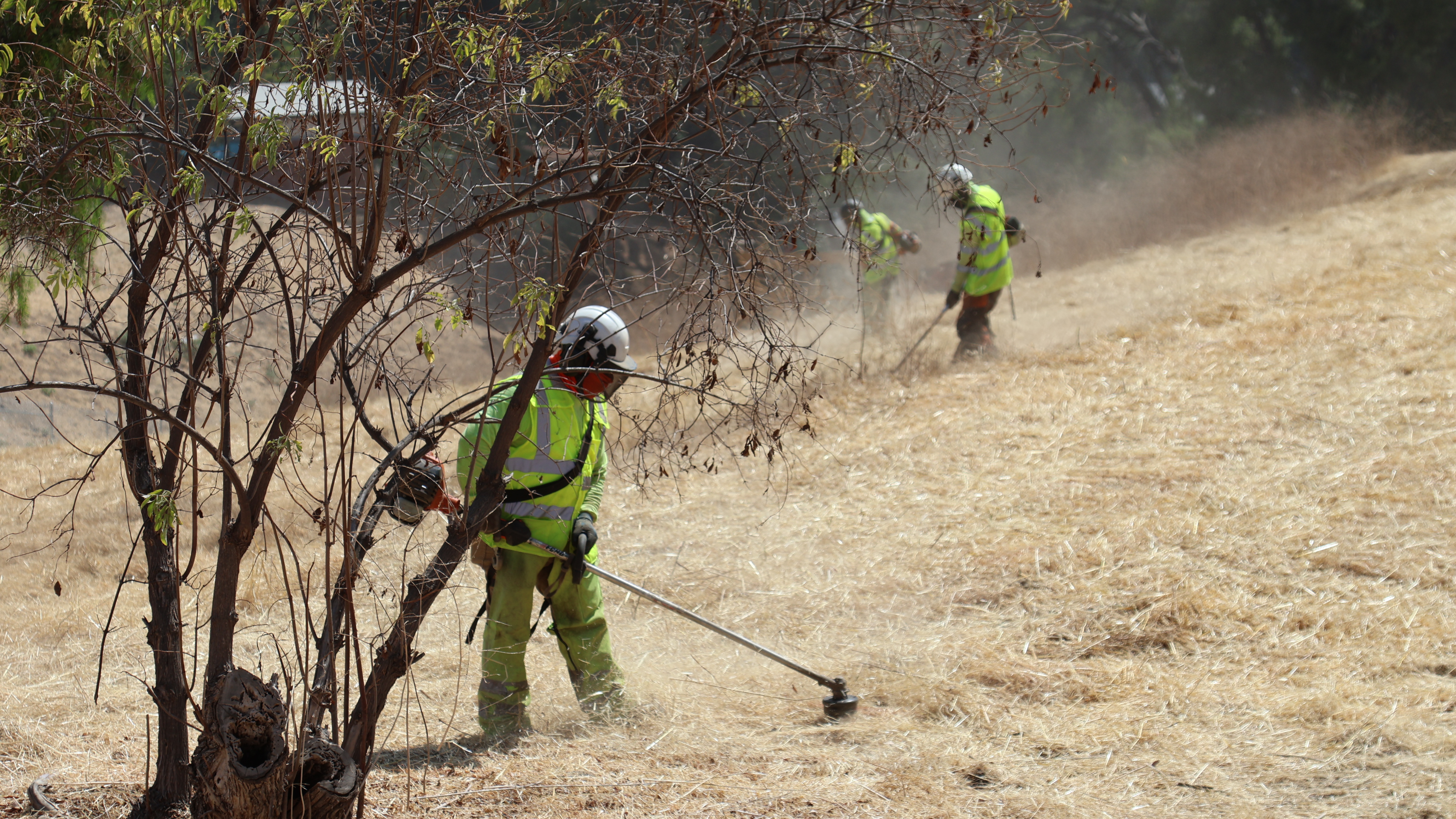 Crews use hand tools and tractors to maintain defensible space on one of nearly 1,300 SCE-owned parcels scheduled for weed abatement this year.