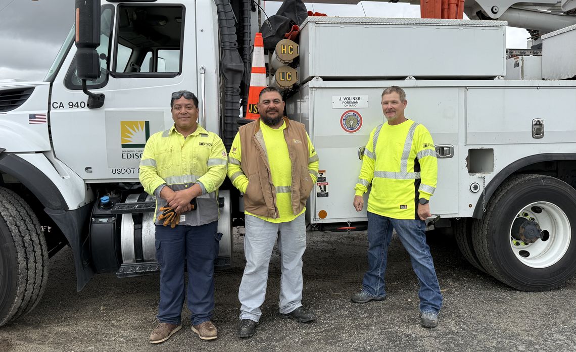 SCE lineworkers Robert Mendez, Robert Zurita and James Volinski (left to right) were traveling to perform equipment repairs when they spotted a submerged vehicle and driver stranded in a nearby canal.