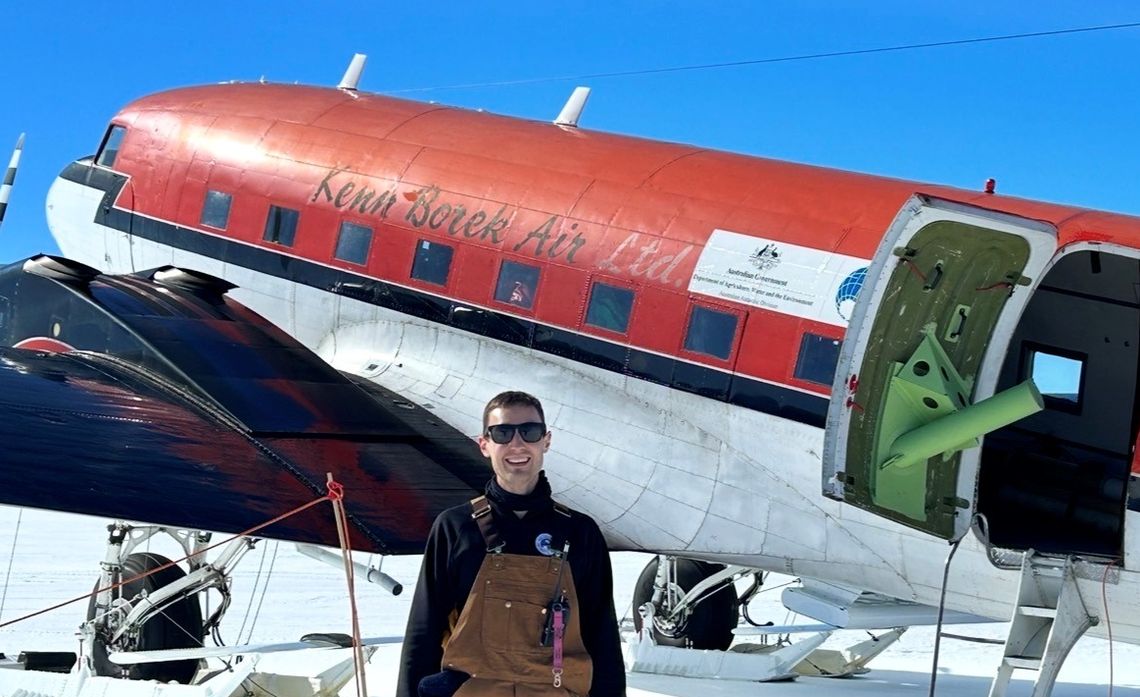 During a research expedition in Antarctica, Tyler Pelle helped gather ocean temperature data by flying along the coast and releasing sensors into the ocean from a World War II–era aircraft.