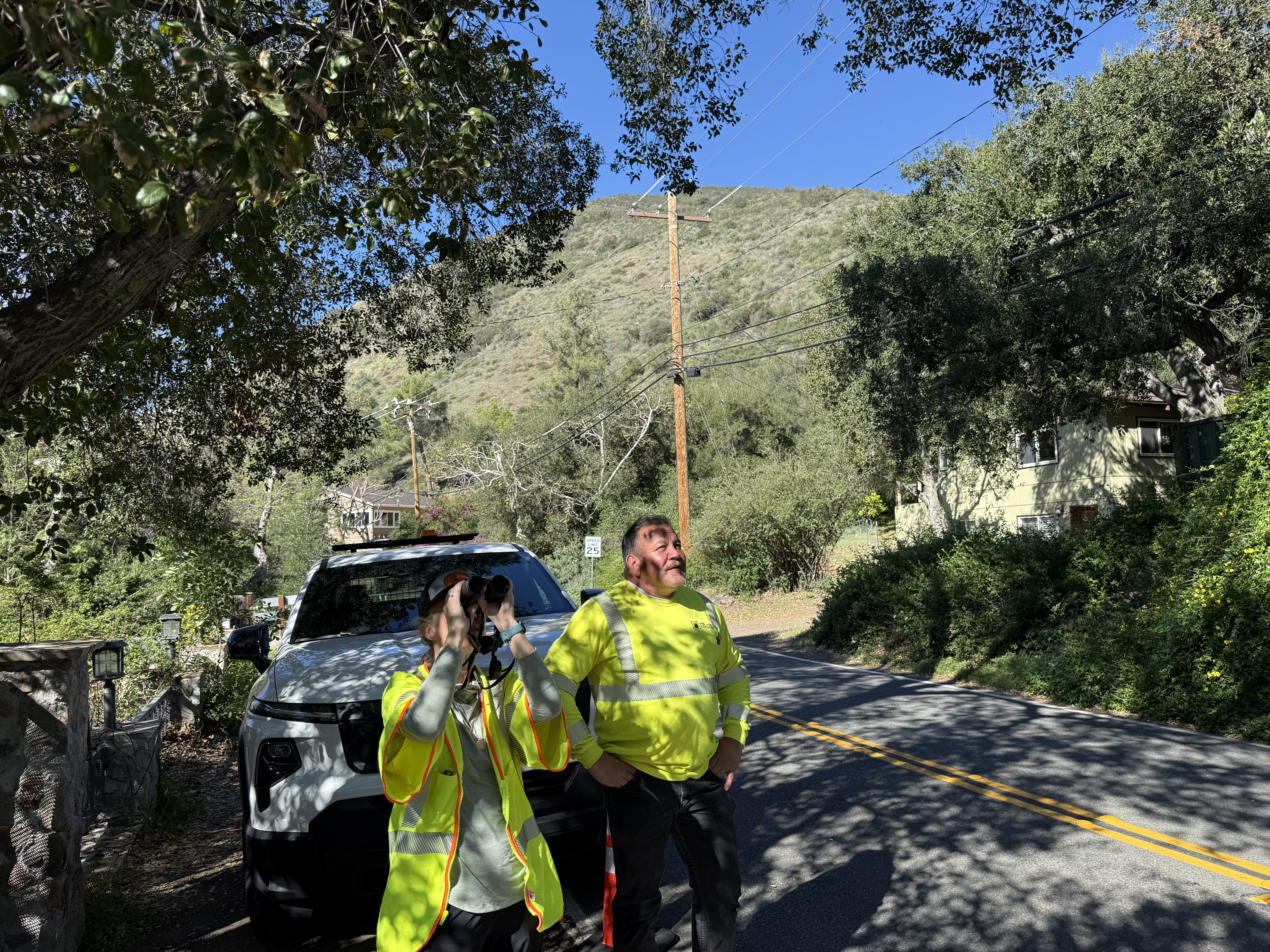 SCE’s Avian Protection Manager Kara Donohue and Field Supervisor Jason Yasumura observe woodpecker activity in Silverado Canyon, where environmental teams and crews work side by side.