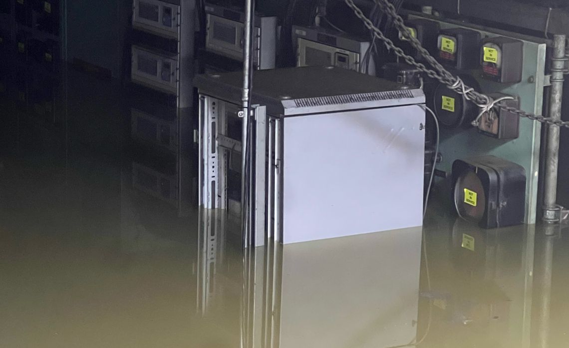 Critical electrical equipment sits submerged after a broken water main floods one of SCE's underground substations in Beverly Hills.