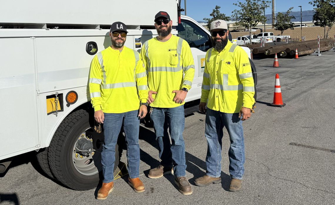 SCE lineworkers Ray Delgado, Joe Owens and Angel Solache (left to right) used their training to respond quickly and calmly when an emergency unfolded beyond the job site.