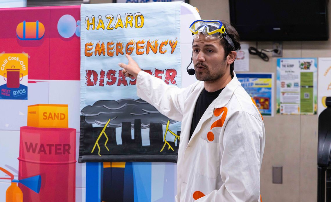 Actor TJ Corsaro helps students break down the difference between a hazard, an emergency and a disaster during The National Theatre for Children’s Edison-sponsored play on emergency preparedness.