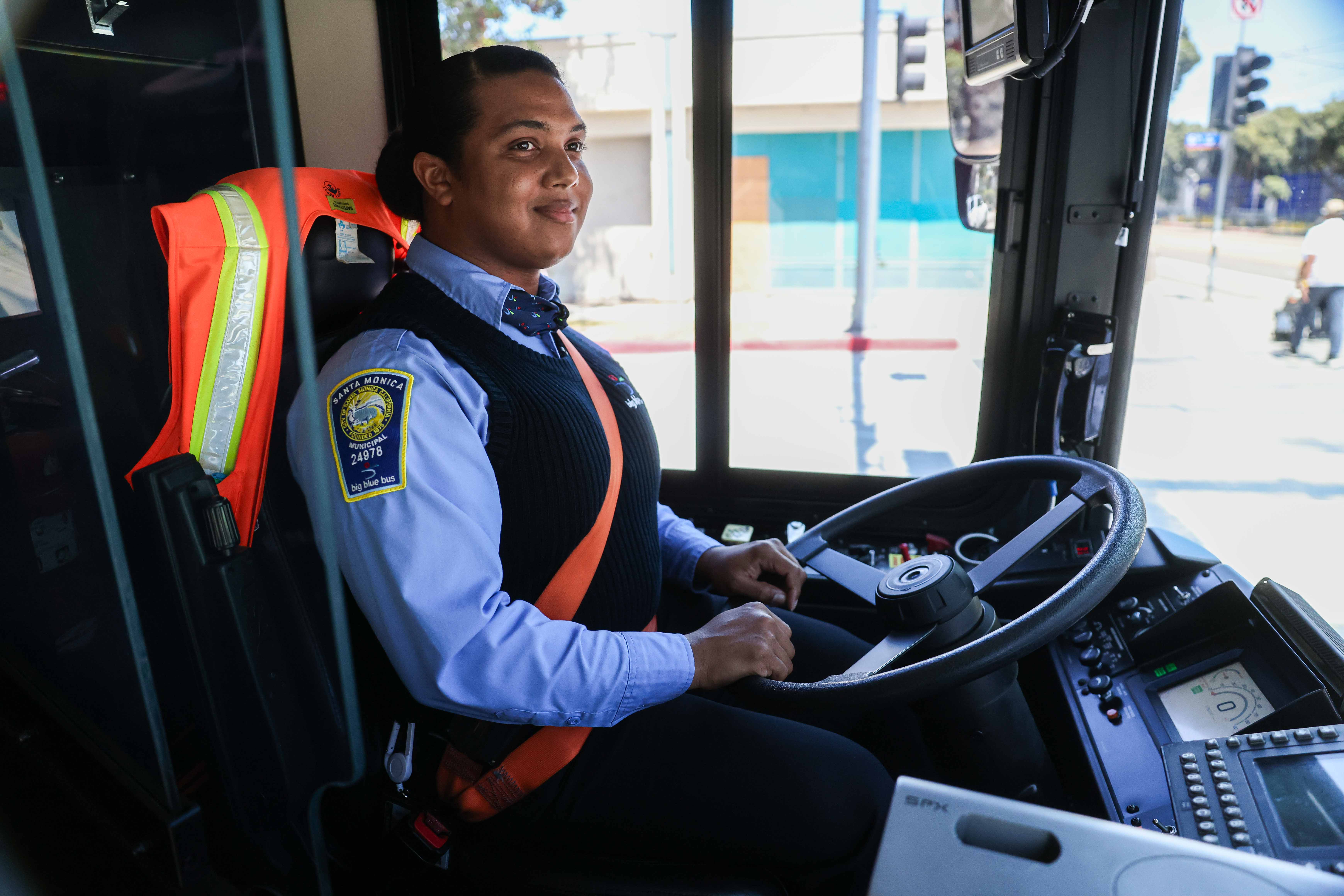 Nautica Smith has been a bus driver in Santa Monica for over a year and prefers an electric bus over gas becasue of how smooth the ride is. 