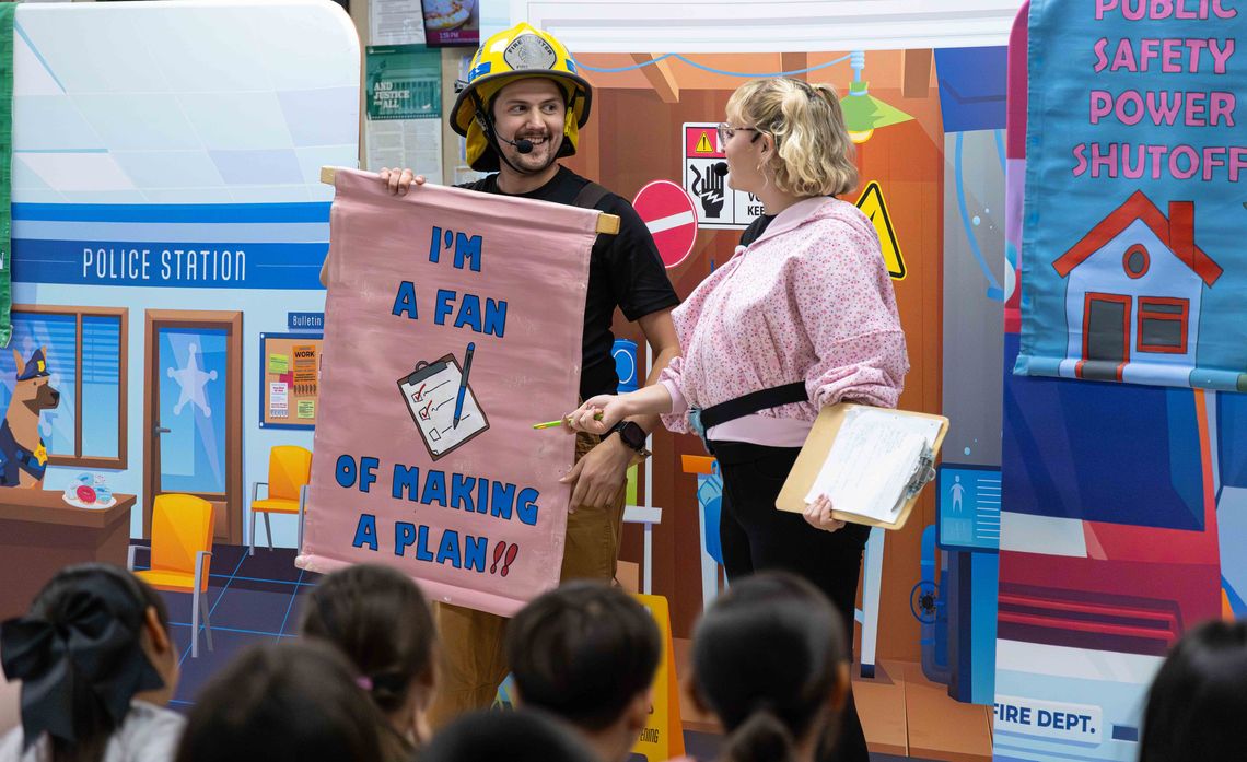 At Inghram Elementary School in San Bernardino, National Theatre for Children actors TJ Corsaro and Elise Marie Lindenau turn safety lessons into a lively performance that encourages students to make a family plan for emergencies.