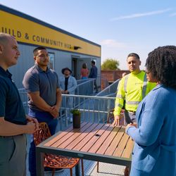 SCE customer service representatives Enrique Alvarez (left) and Daniel Cortez (second from left) help customers navigate rebuilding questions at the Altadena Rebuild & Community Hub.
